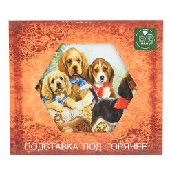 Подставка под горячее с пробкой "Щенки на прогулке" 16*14*0,7см. (3вида) (подарочная упаковка)