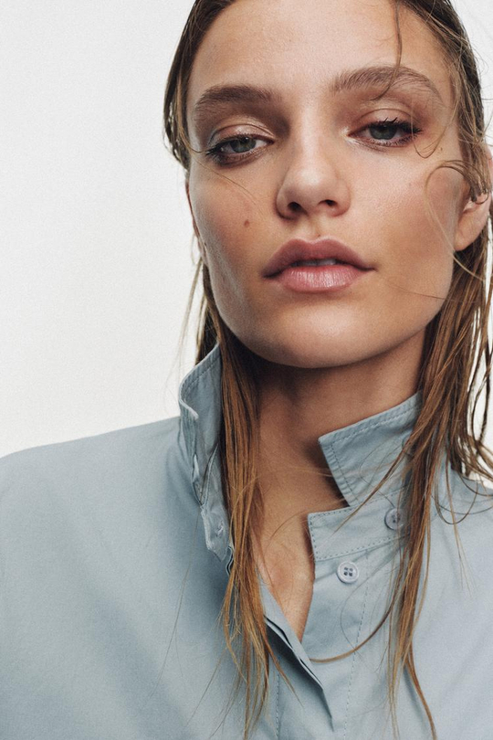 ZARA РУБАШКА С ОБЪЕМНЫМИ РУКАВАМИ ZW, СЕРО-СИНИЙ