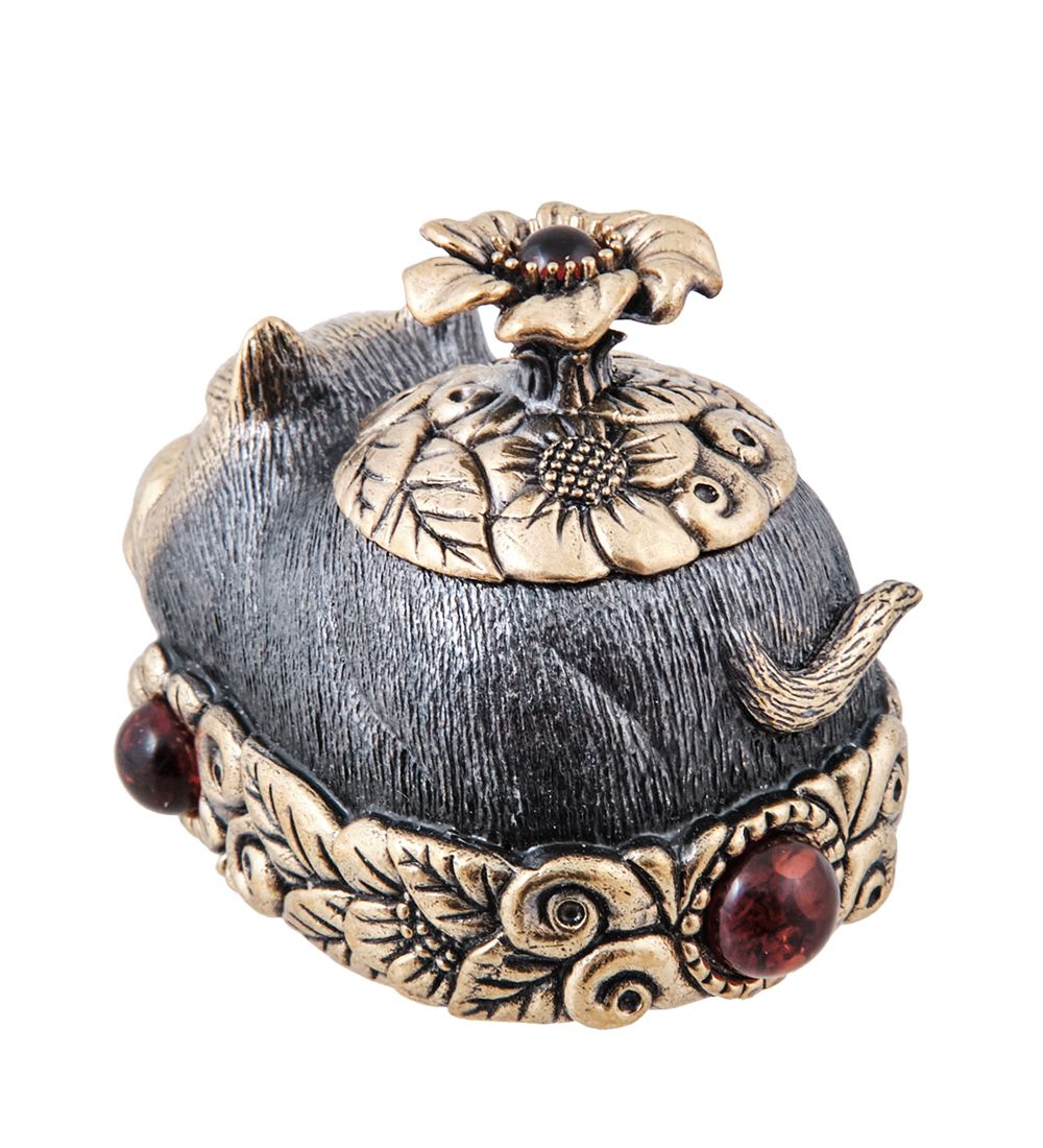 Народные промыслы AM-3955 Шкатулка «Кот в цветах» (латунь, янтарь)