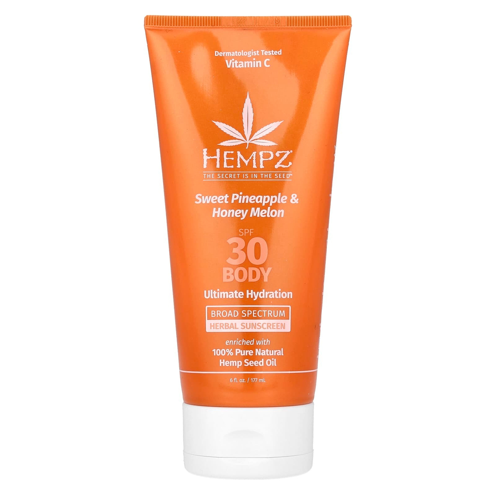 Hempz, Травяное солнцезащитное средство для тела, SPF 30, сладкий ананас и медовая дыня, 177 мл (6 жидк. унц.)