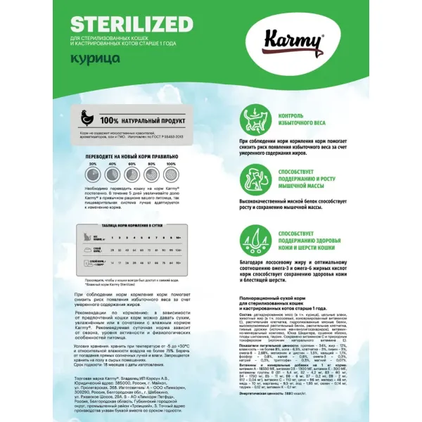 Уценка! Повр.упак. / Сухой корм Кarmy Sterilized для стерилизованных кошек и кастрированных котов, с курицей
