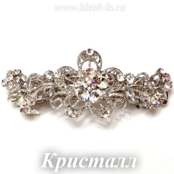 Заколка с замком на серебристой основе "Цветок", Кристалл