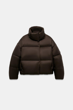 ZARA ВОДОНЕПРОНИЦАЕМЫЙ ВЕТРОЗАЩИТНЫЙ ПУХОВИК С КАПЮШОНОМ ИЗ ПЕРА И ПУХА, КОРИЧНЕВЫЙ