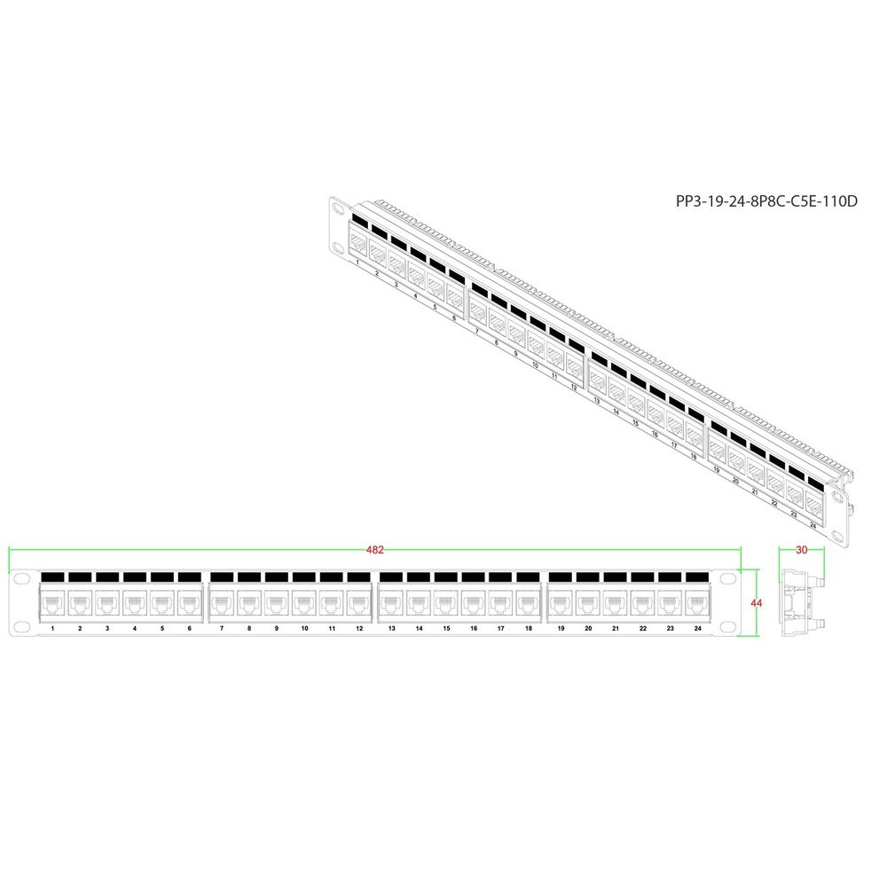 Патч-панель 19&quot;, 1U, 24 порта Hyperline PP3-19-24-8P8C-C5E-110D