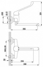 LM4611C (105B-R) Проджект Смеситель для кухни/умывальника с локтевой рукояткой, настенный, изл.200