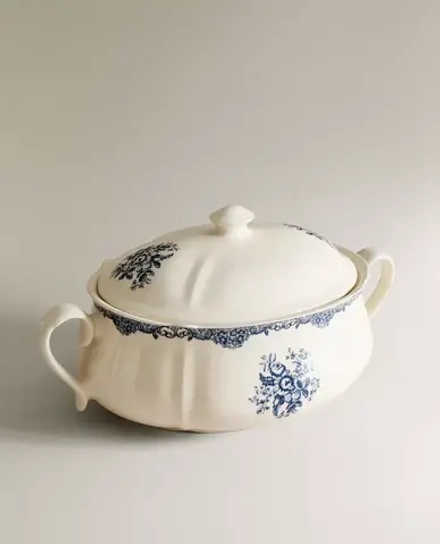 ZARA HOME СЕРВИРОВОЧНАЯ СУПНИЦА ИЗ ФАЯНСА С ЦВЕТОЧНЫМ УЗОРОМ, СИНИЙ