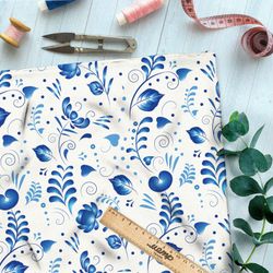 Ткань бифлекс редкая гжель на белом фоне