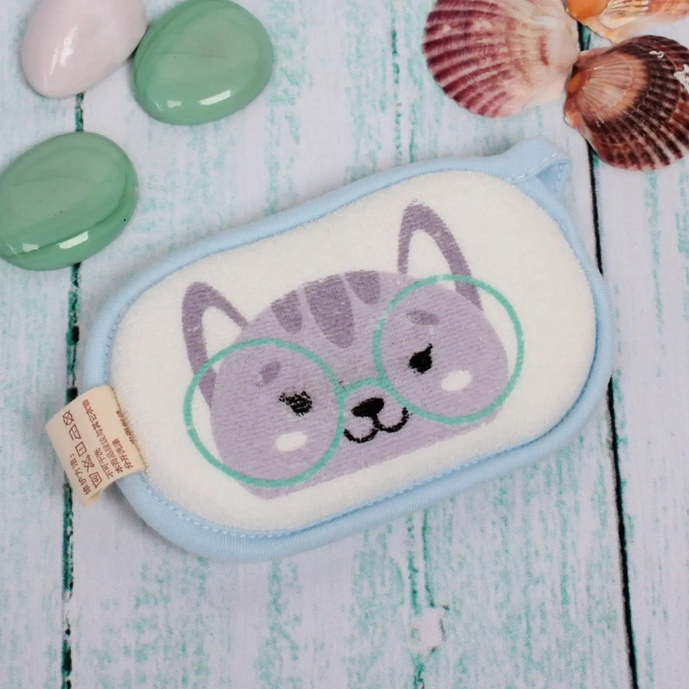 Губка для тела махровая детская «Happy baby - Котёнок Оливер» , 13*8,5 см (зип пакет и наклейка Ultramarine)✦