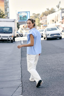 ZARA РУБАШКА С ОБЪЕМНЫМИ РУКАВАМИ, СИНИЙ/БЕЛЫЙ