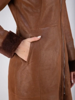 Дубленка женская зима натуральная длинная с капюшоном Турция