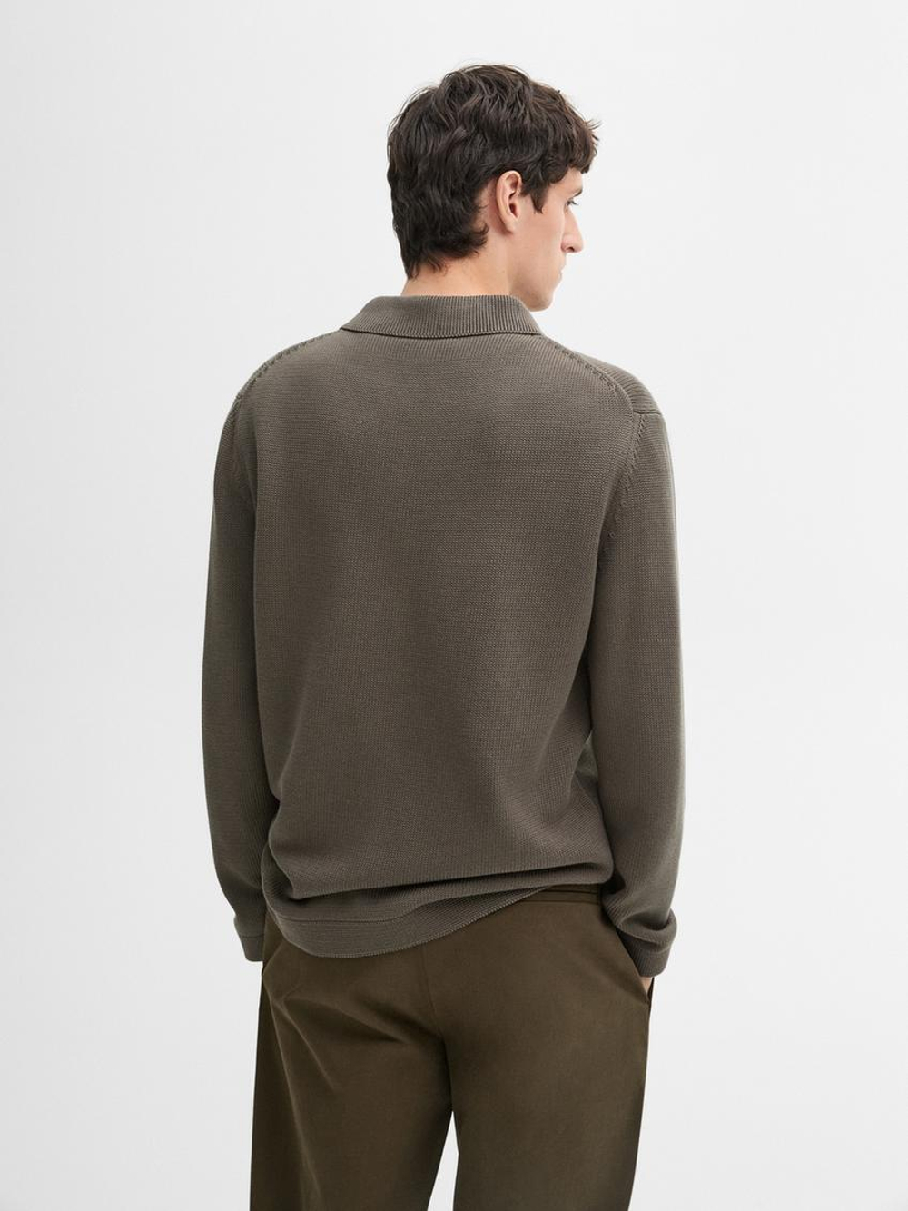 Massimo Dutti Трикотажный свитер с воротником поло на молнии, хаки