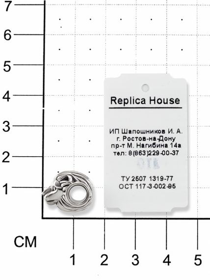 Фотография серебряного шарма подвески лев на размерной сетке в масштабе с ювелирной биркой.
