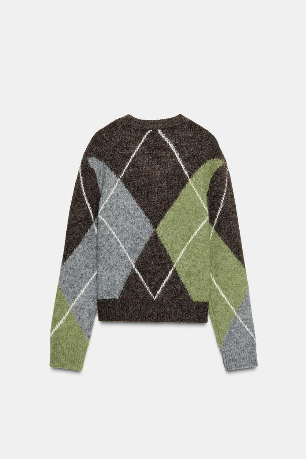 ZARA СВИТЕР С УЗОРОМ «РОМБЫ», КОРИЧНЕВЫЙ/ЗЕЛЕНЫЙ