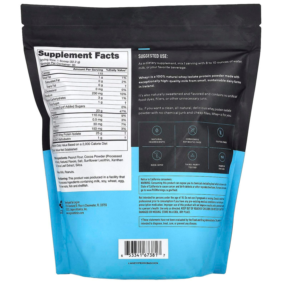 Legion Athletics, Whey +, порошок из сывороточного протеина, шоколад и арахисовая паста, 966 г (2,13 фунта)
