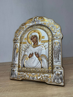 Семистрельная БМ, икона арочная с рамкой, красное дерево 266х335