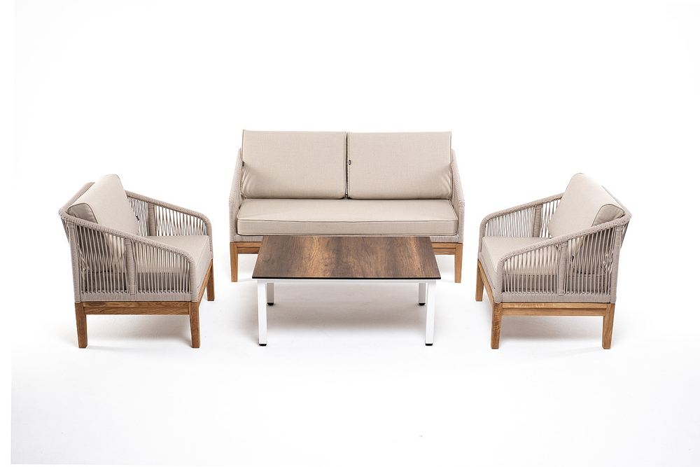 "Канны" лаунж-зона 4-местная из роупа со столиком "Канны" цвета "дуб", основание дуб, роуп бежевый