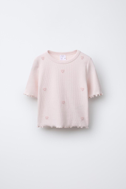 ZARA ФУТБОЛКА В РУБЧИК С БУСИНАМИ, РОЗОВЫЙ