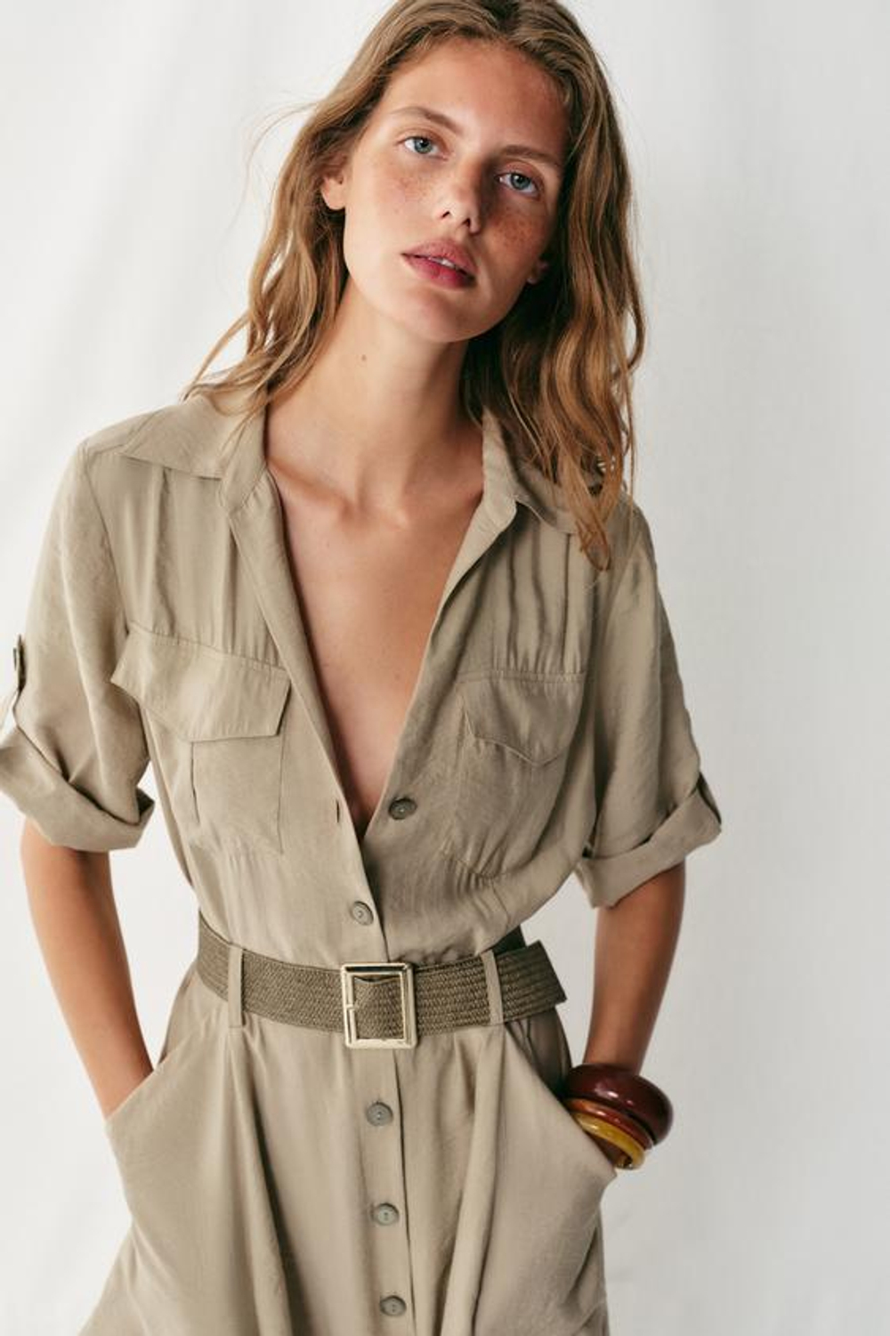 ZARA ПЛАТЬЕ-РУБАШКА МИДИ С РЕМНЕМ, РЫЖЕВАТО-КОРИЧНЕВЫЙ