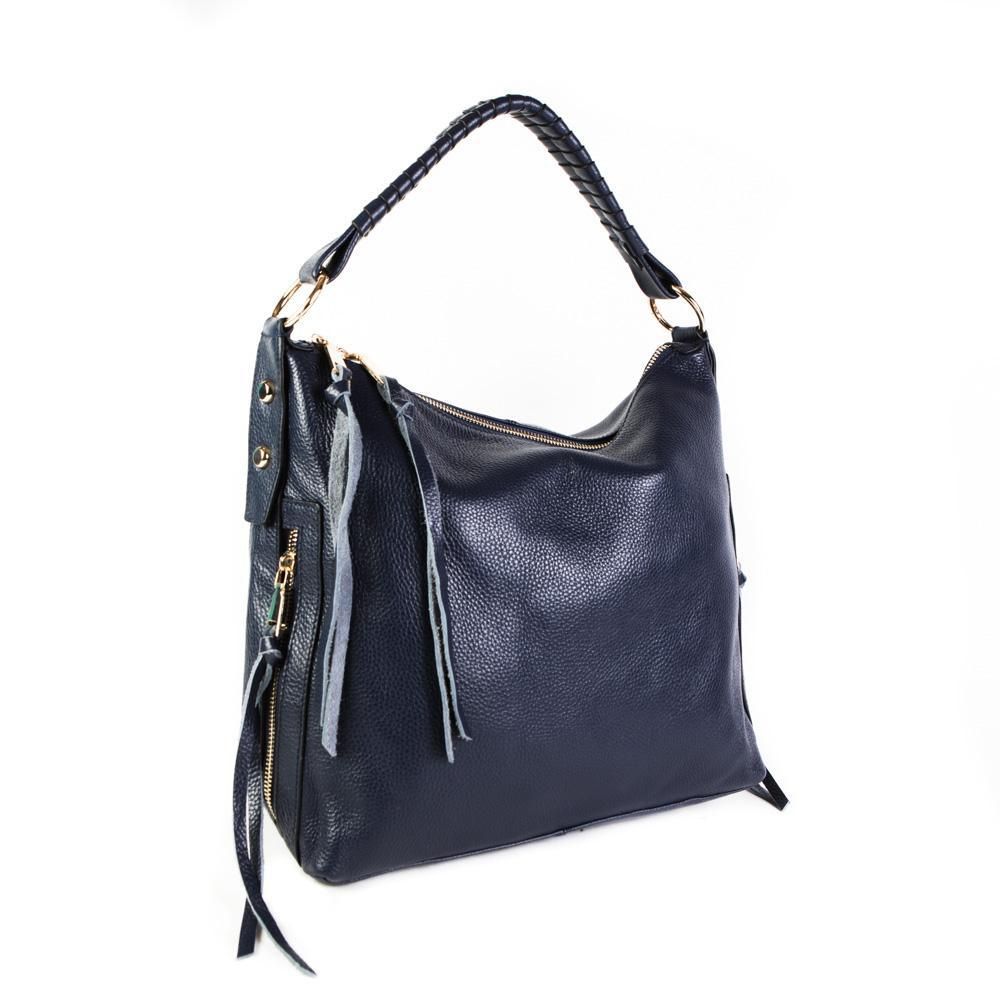 Модная женская средняя синяя сумочка с торцевыми кармашками на молнии из натуральной кожи 37,5х29х13 см Doublecity 9735 Navy Blue