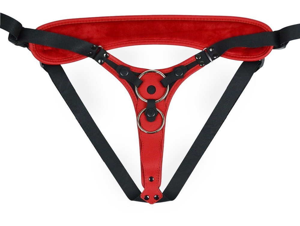 Красно-черный женский пояс с 2 способами крепления насадок и вагинальной пробкой (Цвет: красный с черным)