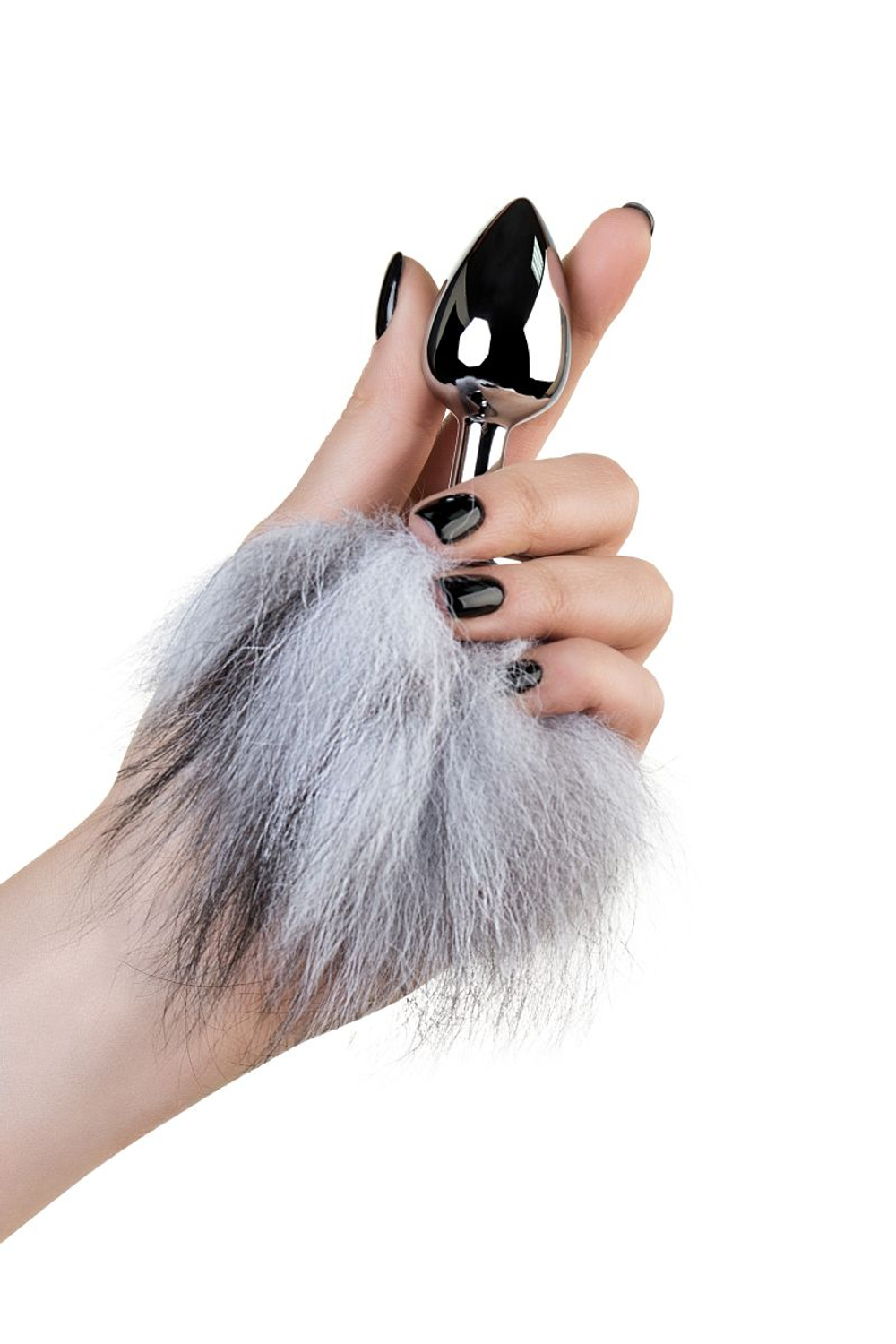 Серебристая анальная втулка с серым заячьим хвостом (Цвет: серый)