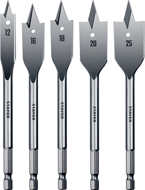STAYER FLAT 5 шт, 12-16-18-20-25мм, набор сверл перовых по дереву