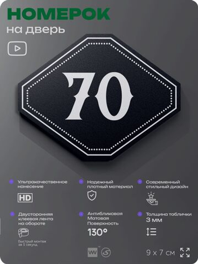 Номерок на дверь квартиры 70, для кабинета, офиса, шильдик 9 х 7 см, черный, Айдентика Технолоджи