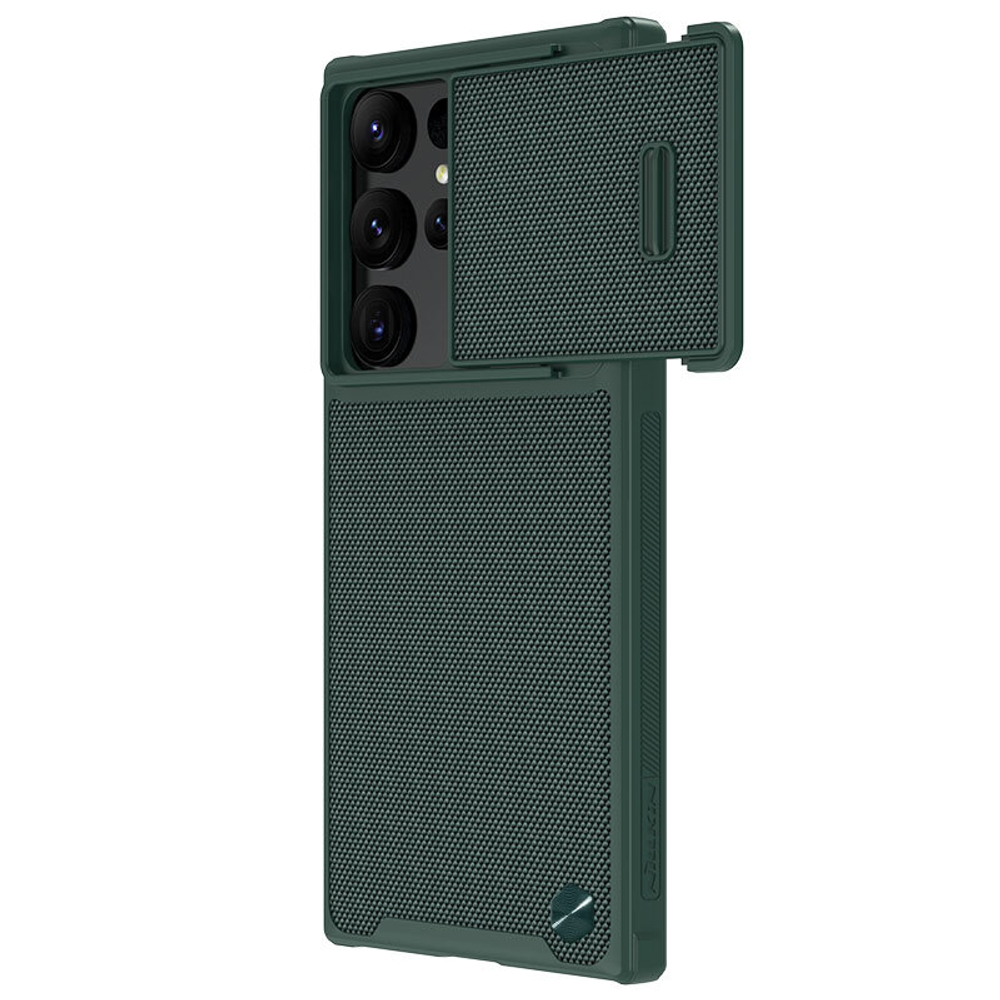 Чехол зеленого цвета от Nillkin для Samsung Galaxy S23 Ultra, серия Textured Case S (покрытие нейлонового волокна), полуавтоматическая механизм сдвижной шторки