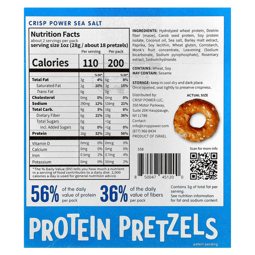 Crisp Power, Протеиновые крендели, морская соль, 6 пакетиков по 50 г (1,75 унции)