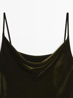Massimo Dutti Бархатный топ с драпировкой, оливково-зеленый