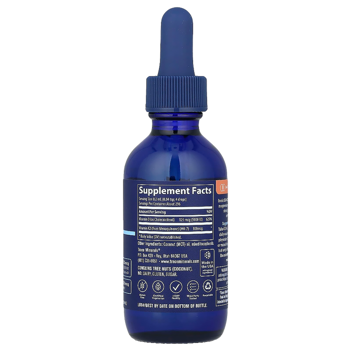 Ионный D3 + K2, Ionic D3+K2, 125 mcg D3 + 100 mcg MK-7, Trace Minerals, 59 ml 2
