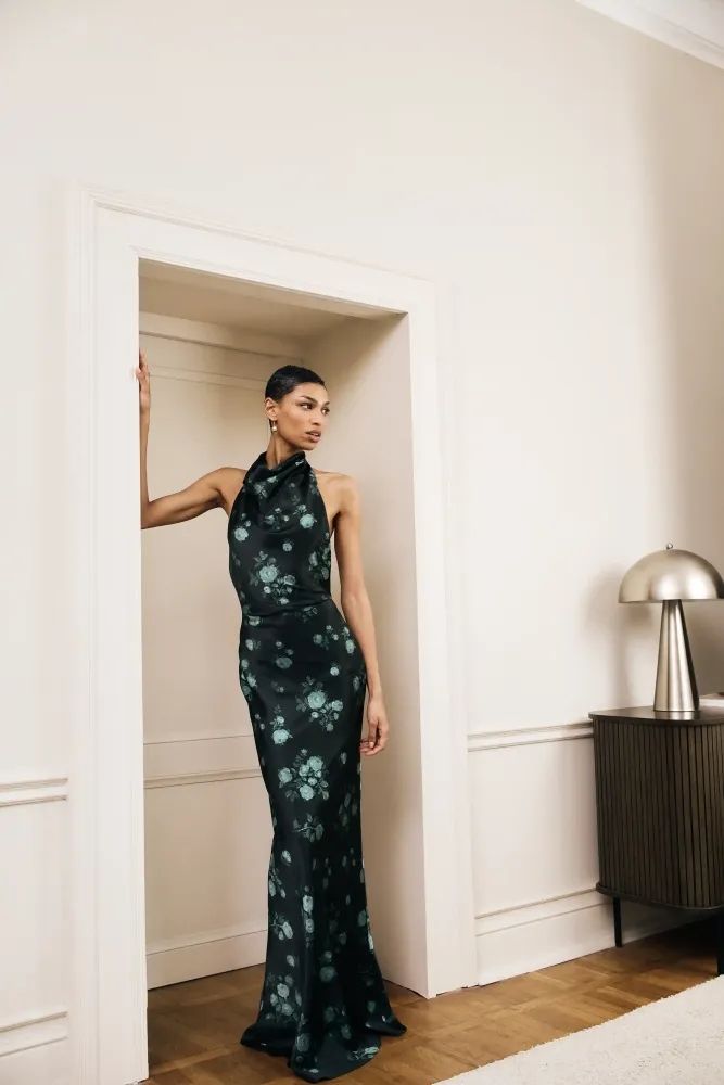 Esty maxi, платье макси из темно-зеленого атласа с цветочным принтом