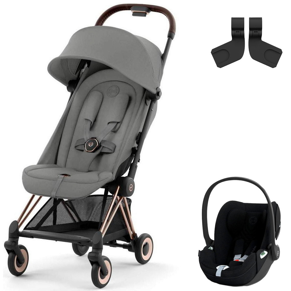 Коляска Cybex Coya Rosegold Frame Cloud T i-Size Sepia Black Plus Mirage Grey с дождевиком и бампером