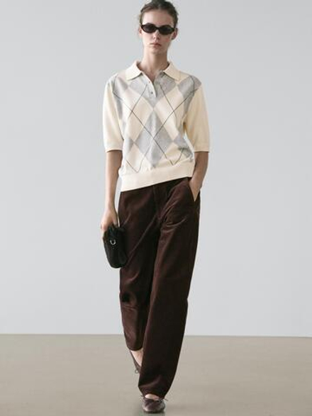 Massimo Dutti Поло с узором ромбы, натуральный/кремовый