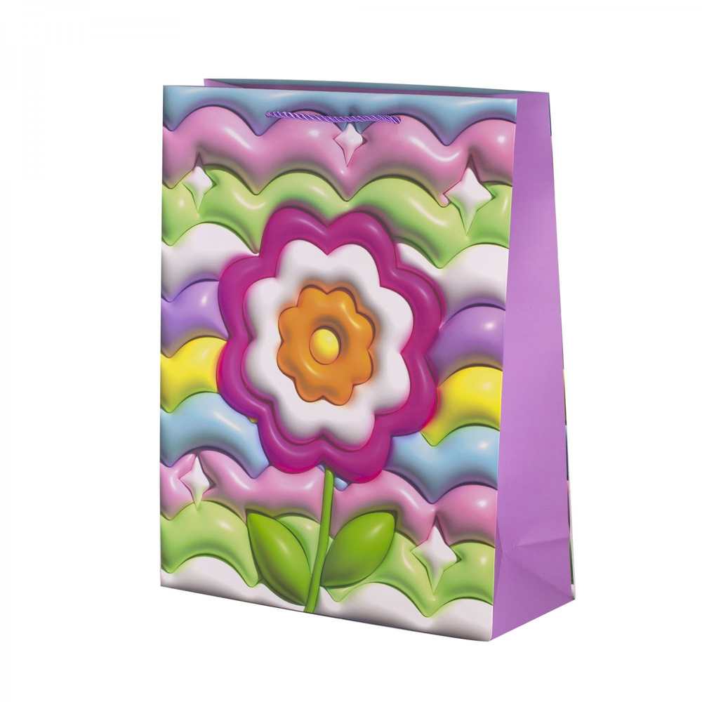 Пакет подарочный бумажный Alingar, (L+) 26х32х10 см, вертикальный, "Объемный цветочек", матов. ламинация, эффект 3D, ассорти
