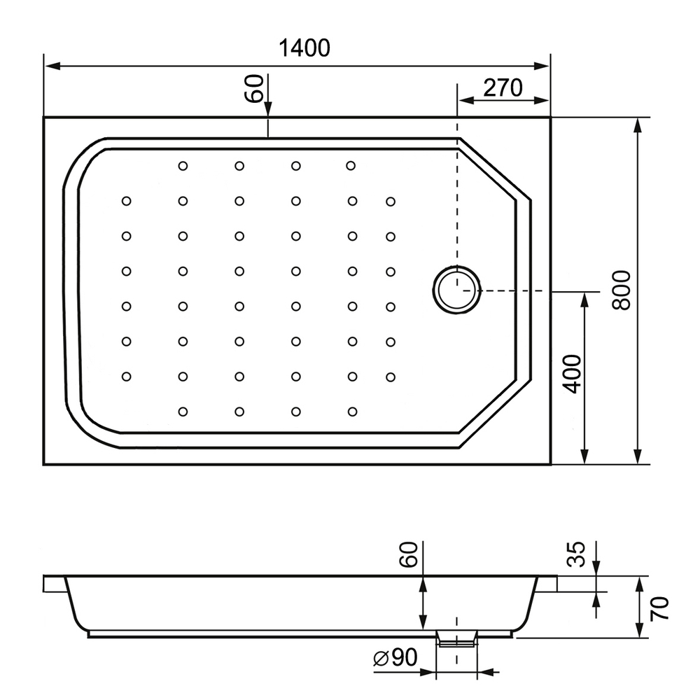 Душевой поддон прямоугольный RGW STYLE Ø90 800x1400