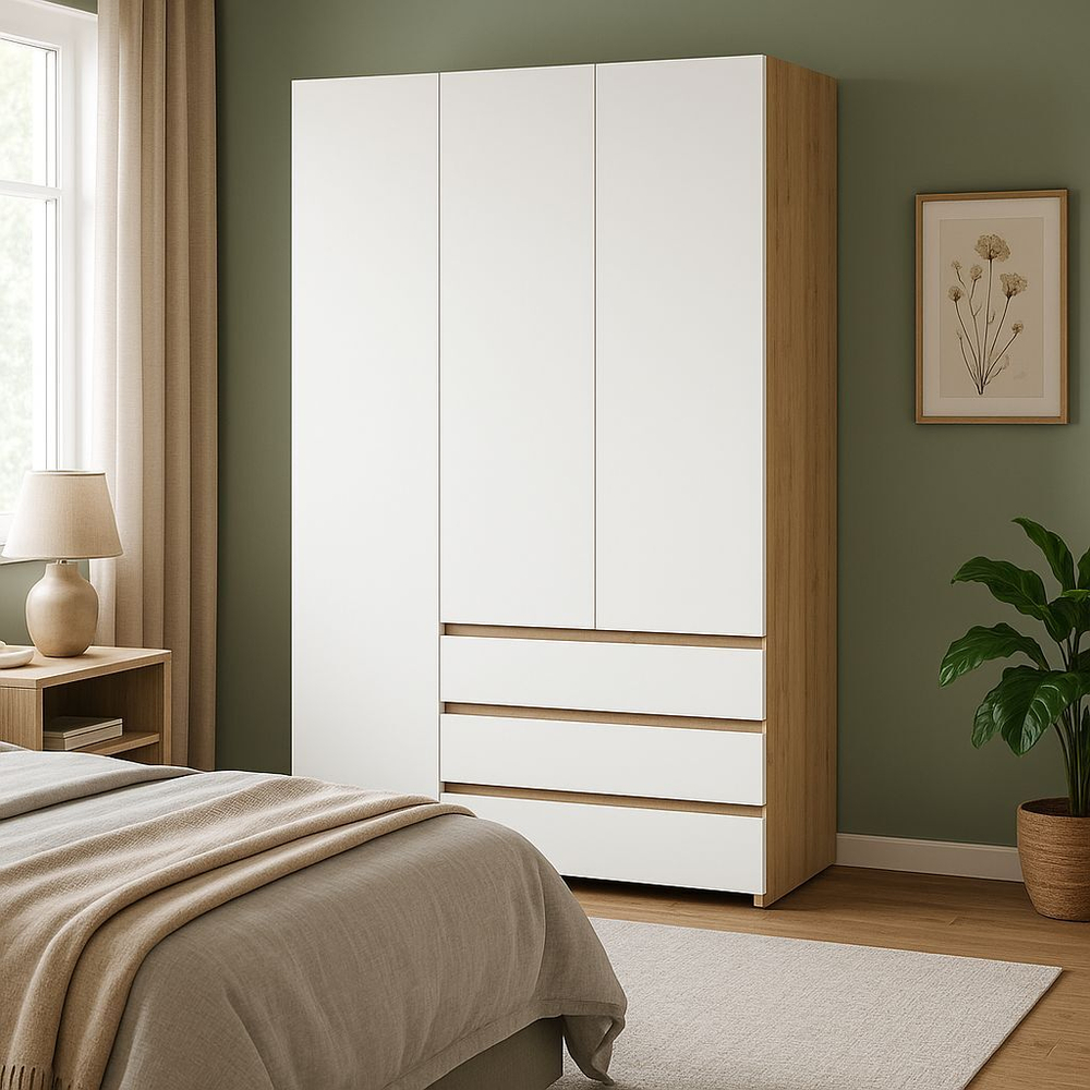 Шкаф для одежды распашной с полками и ящиками Дуб Золотой/Белый 120х46х210 см