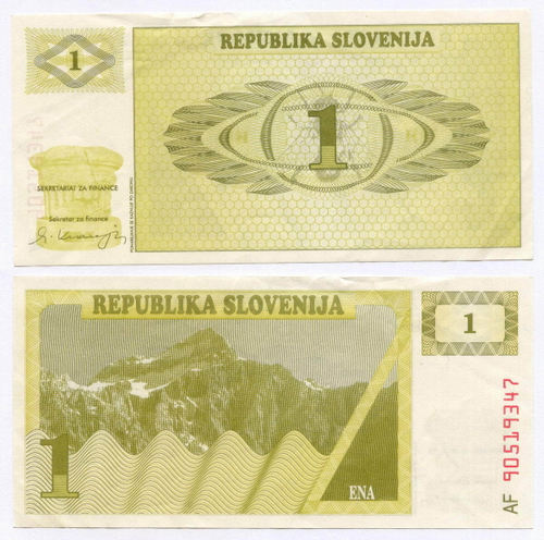 Банкнота Словения 1 толар 1990 год AF 90519347. VF-XF