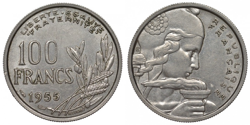 Франция 100 франков, 1954 - 1958 Мариана XF