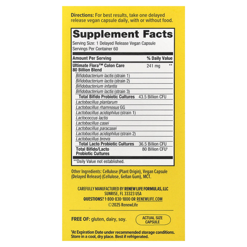 Renew Life, Colon Care Ultimate Flora™, пробиотик Colon Care, 60 веганских капсул с отсроченным высвобождением
