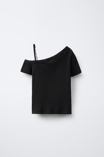 ZARA АСИММЕТРИЧНЫЙ ТОП В РУБЧИК С БУСИНАМИ, ЧЕРНЫЙ