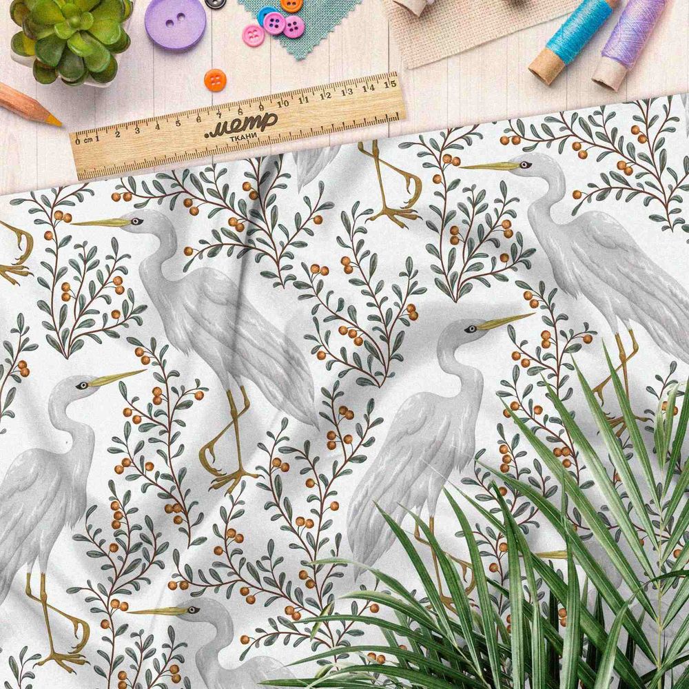 Ткань футер 2-х нитка журавли и ягоды