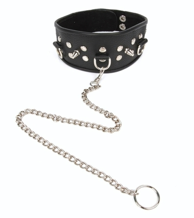 Черный ошейник с шипами и металлическим поводком-цепочкой (Цвет: черный)