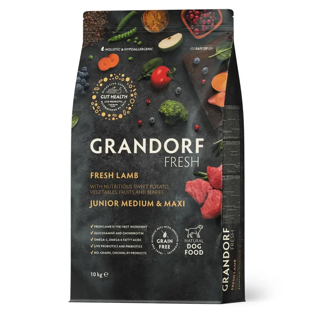 Grandorf fresh dog junior lamb&sweet potato сухой беззерновой корм с живыми пробиотиками для юниоров и беременных собак с ягненком и бататом - 10 кг