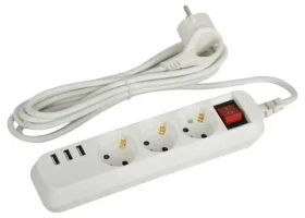 Удлинитель электрич. ЭРА U-3es-1,5m-USB c зазем. с выключ.3 розетки + 3xUSBA 1,5м 10А Б0052900