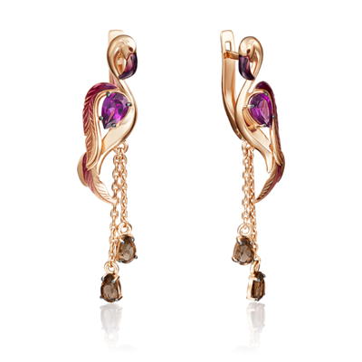 Серьги «Фламинго» с английским замком из красного золота с гранатом, кварцем дымчатым и эмалью