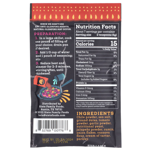 Siete, приправа тако, пряная, 37 г (1,31 унции)