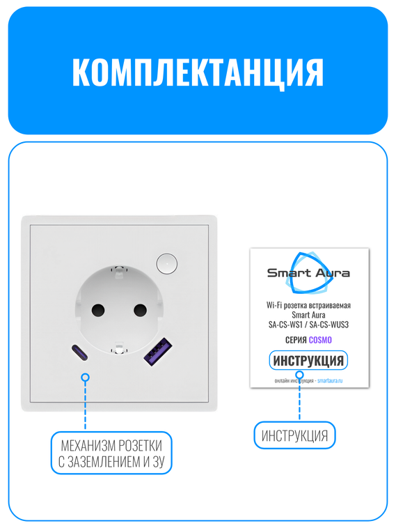 Умная Wi-Fi розетка с зарядным устройством USB и Type-C Smart Aura серия COSMO