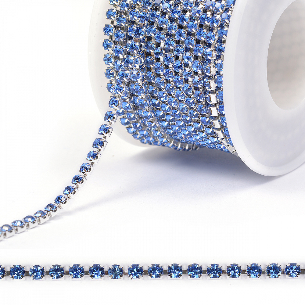 Цепь со стразами , цв.BLUE/SILVER, 3 мм, уп.10 м