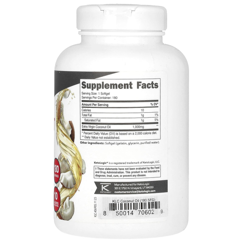 KetoLogic, нерафинированное кокосовое масло высшего качества, 1000 мг, 180 капсул